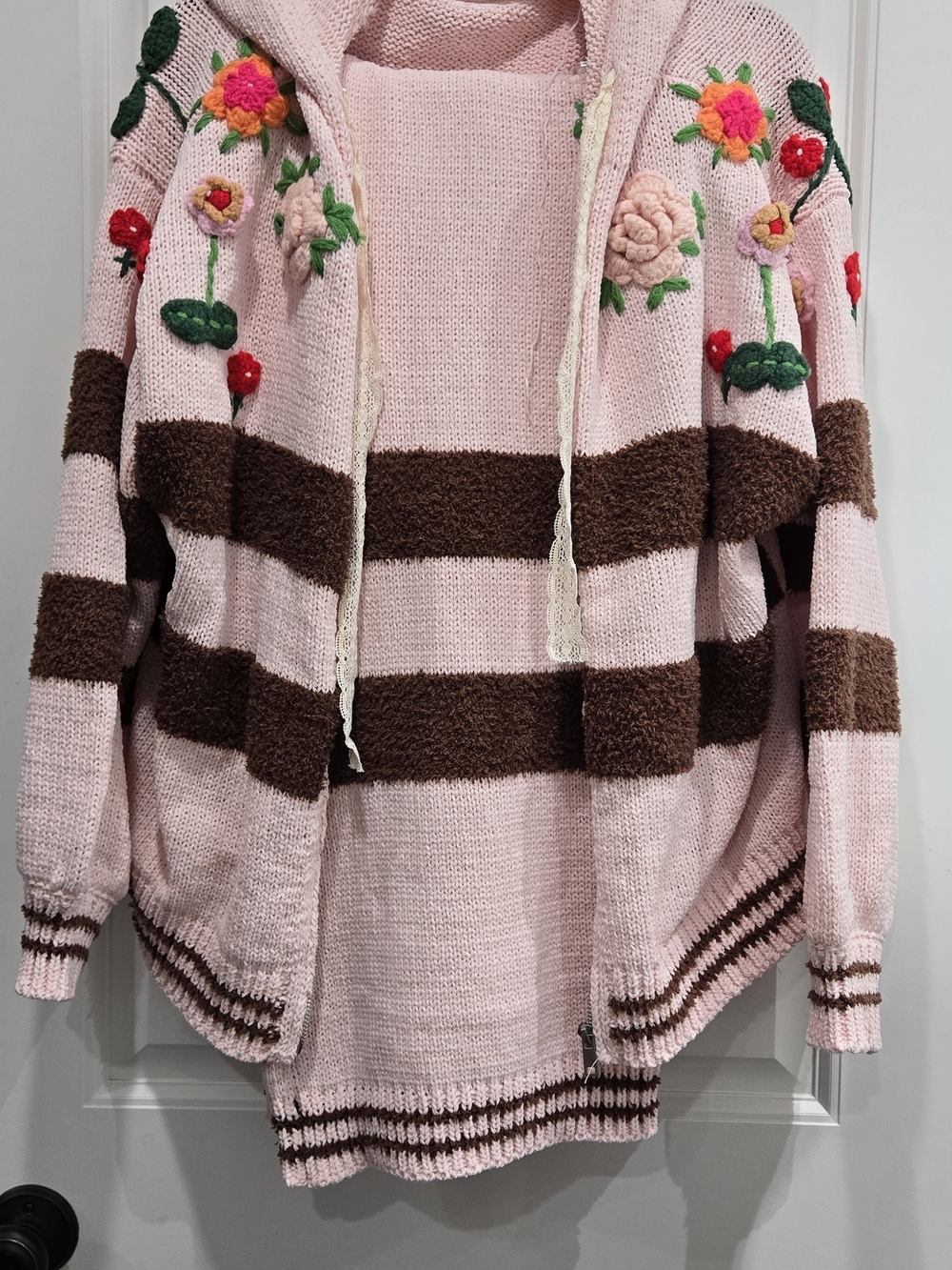 POL Pink & Brown Striped Hooded Sweater with Floral Embroidery Set